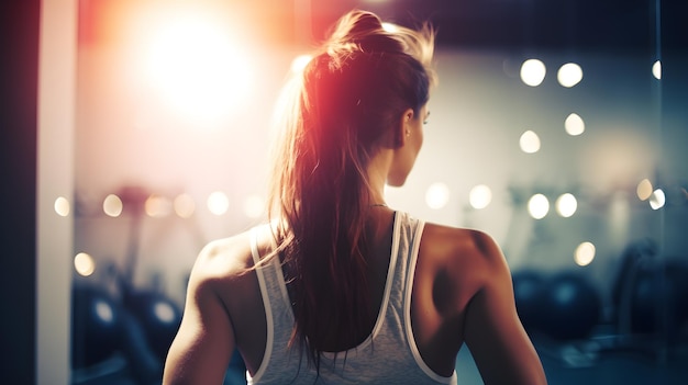 A woman is standing on a treadmill and looking at the camera.