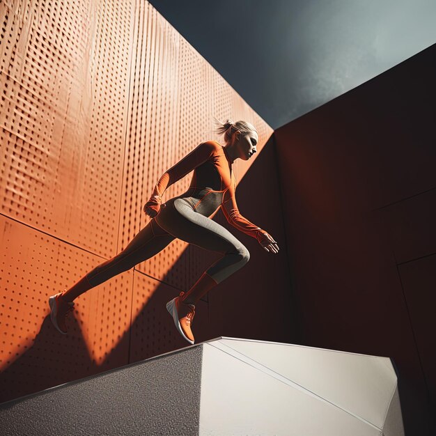 a woman is standing on a wall with a wall behind her