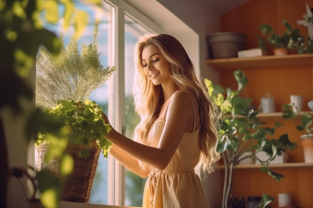A woman is standing in a window and the window is filled with plants and a basket of grapes.