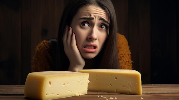 Foto una donna fissa un pezzo di formaggio