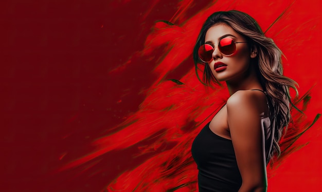 Photo a woman is in sunglasses and her hair in a red dress in the style of minimalist backgrounds