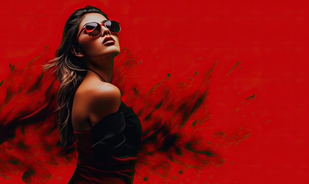 A woman is in sunglasses and her hair in a red dress in the style of minimalist backgrounds