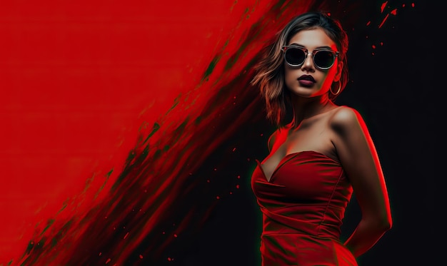 A woman is in sunglasses and her hair in a red dress in the style of minimalist backgrounds