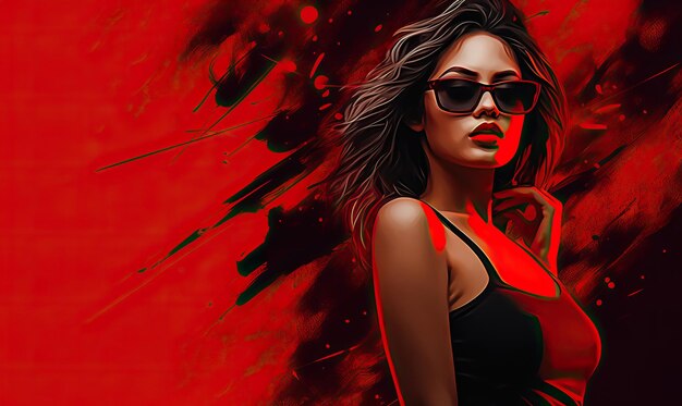 A woman is in sunglasses and her hair in a red dress in the style of minimalist backgrounds