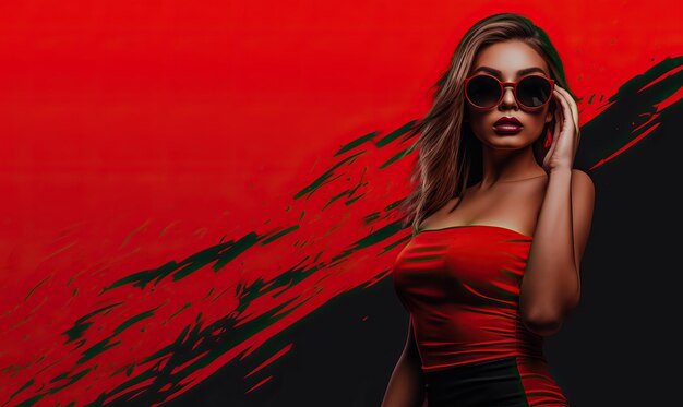 A woman is in sunglasses and her hair in a red dress in the style of minimalist backgrounds