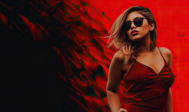 A woman is in sunglasses and her hair in a red dress in the style of minimalist backgrounds