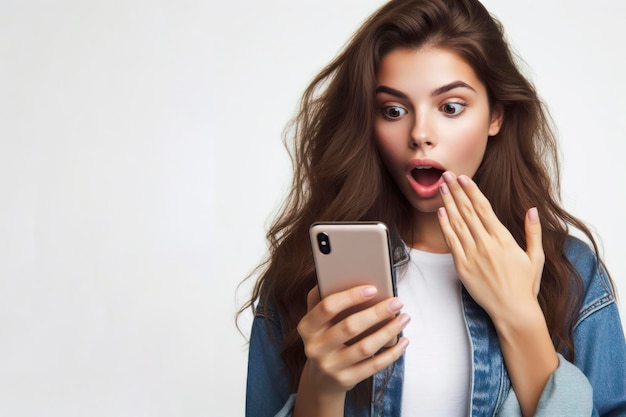 woman is surprised to read a message on her mobile isolated on solid white background ai generative