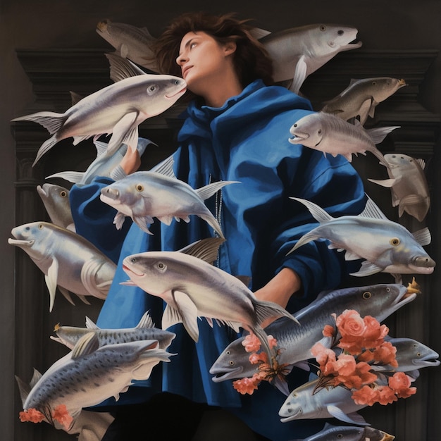 Photo a woman is surrounded by fish and the words 