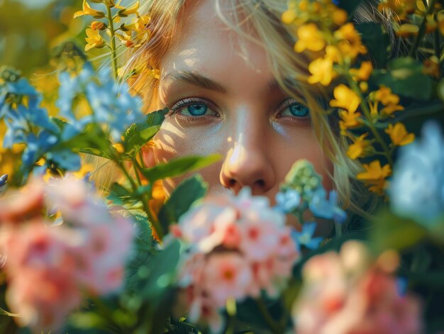 Photo a woman is surrounded by flowers and is looking at the camera