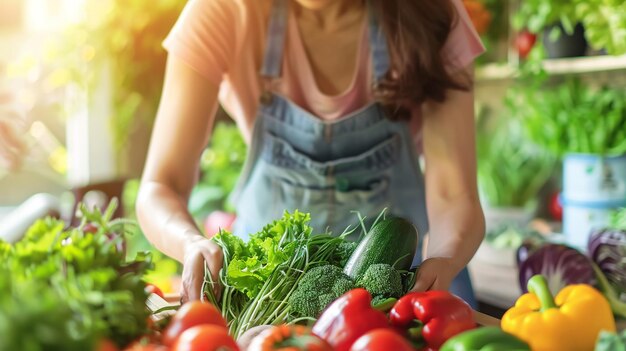 The woman is surrounded by fresh vegetables