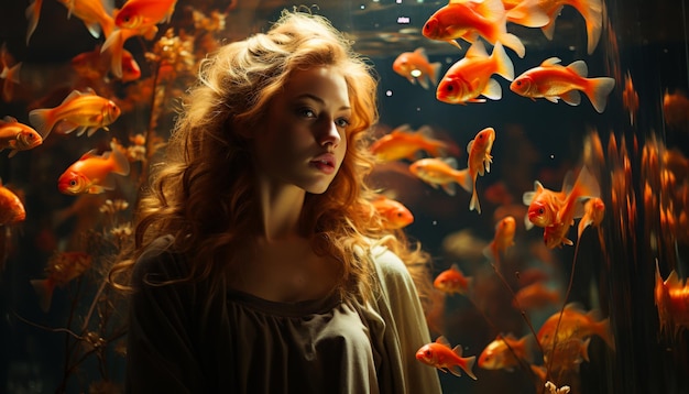 Woman is surrounded by goldfish