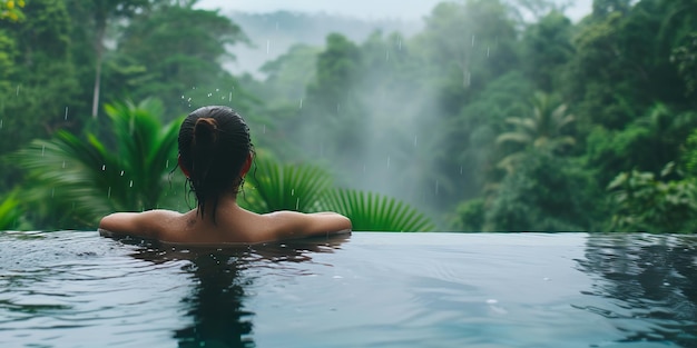 女性がプールで泳いでいて背景に水が散らばっています