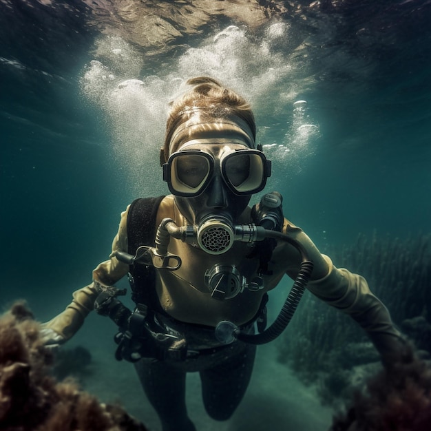 A woman is swimming under water and wearing a diving suit