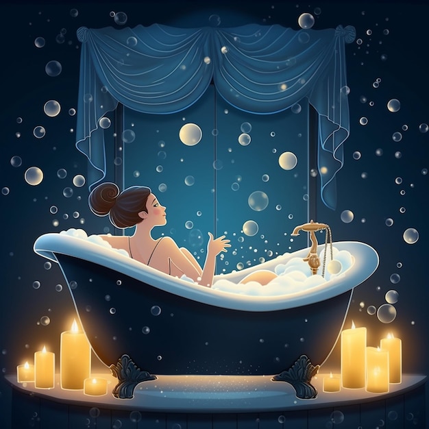 A woman is taking a bubble bath in a bathtub with a blue curtain behind her.