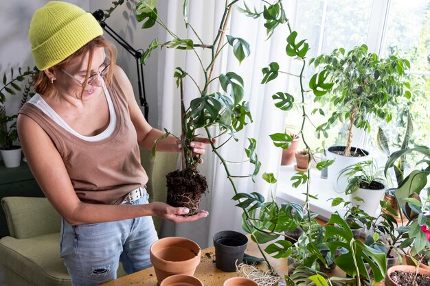 Foto la donna si sta prendendo cura di rhaphidophora tetrasperma, una mini-mostra della giungla urbana di design biofilico.