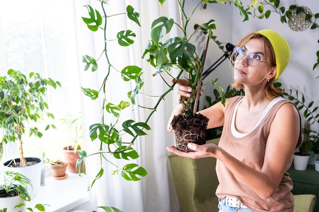 Женщина заботится о рафидофоре тетрасперме мини-монстере городской джунгли концепция садоводства