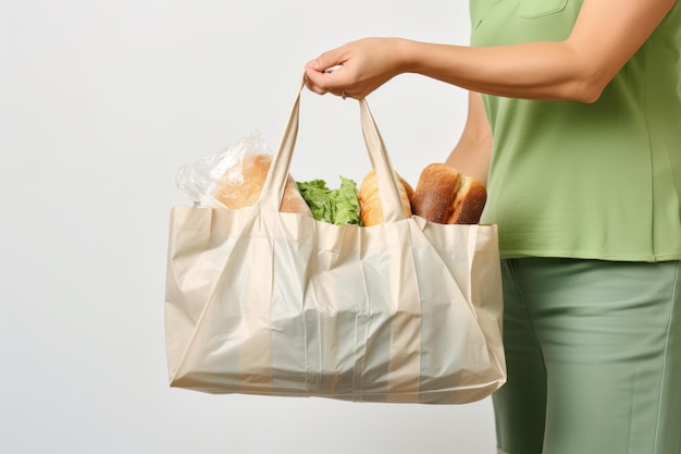 Photo a woman is taking a paper bag of food ai generated