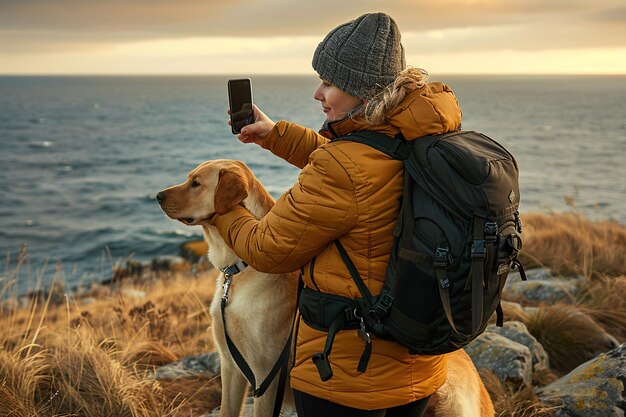 A woman is taking a picture of her dog while wearing a yellow jacket