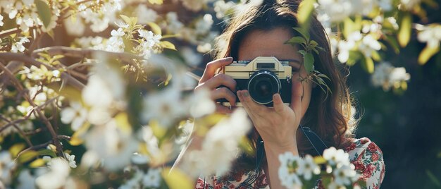 A woman is taking a picture of some white flowers with a vintage camera