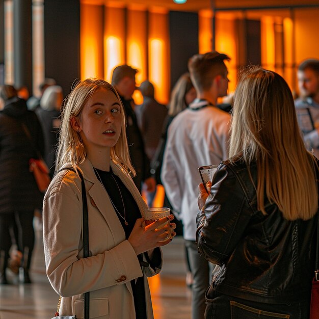 a woman is talking to a man in a black jacket