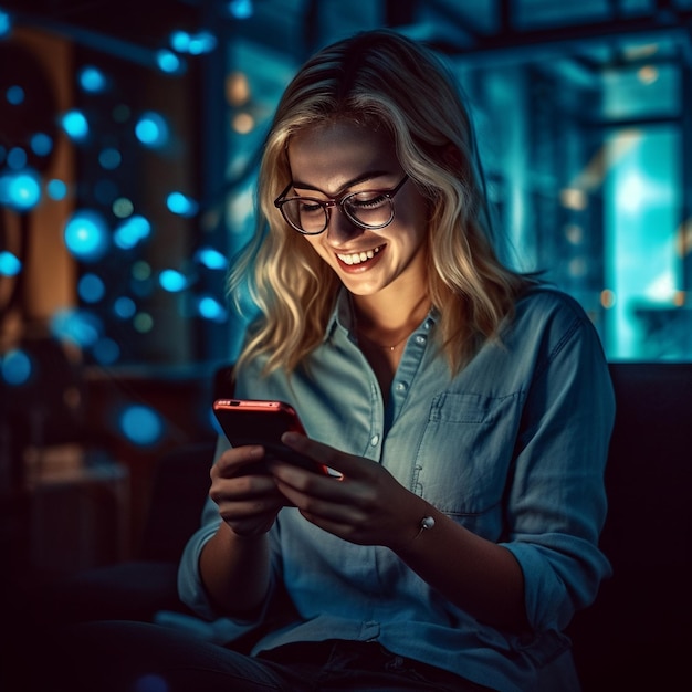 a woman is texting on her phone and smiling