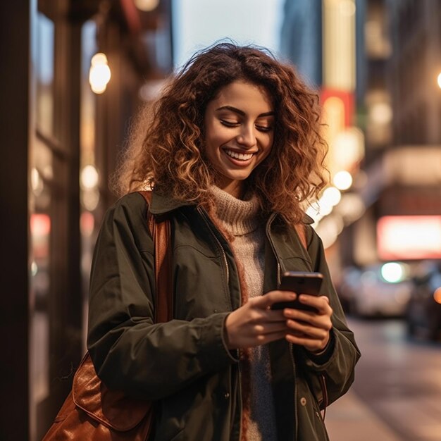 女性が携帯電話でメッセージを送りながら微笑んでいる