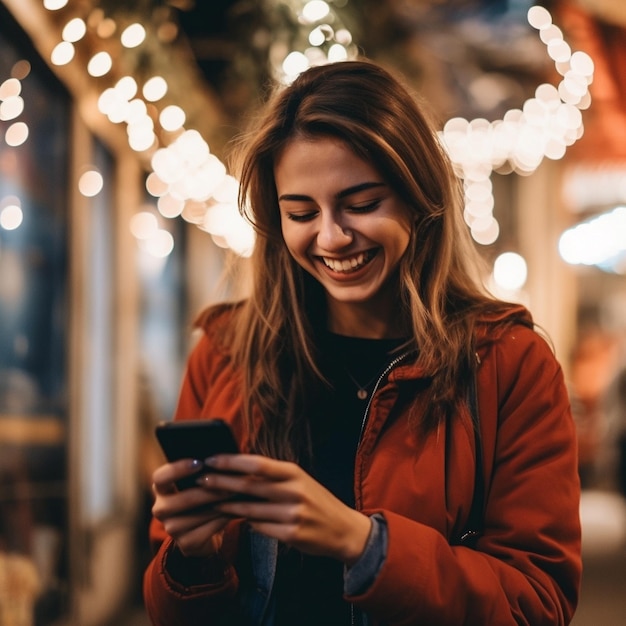 a woman is texting on her phone and smiling