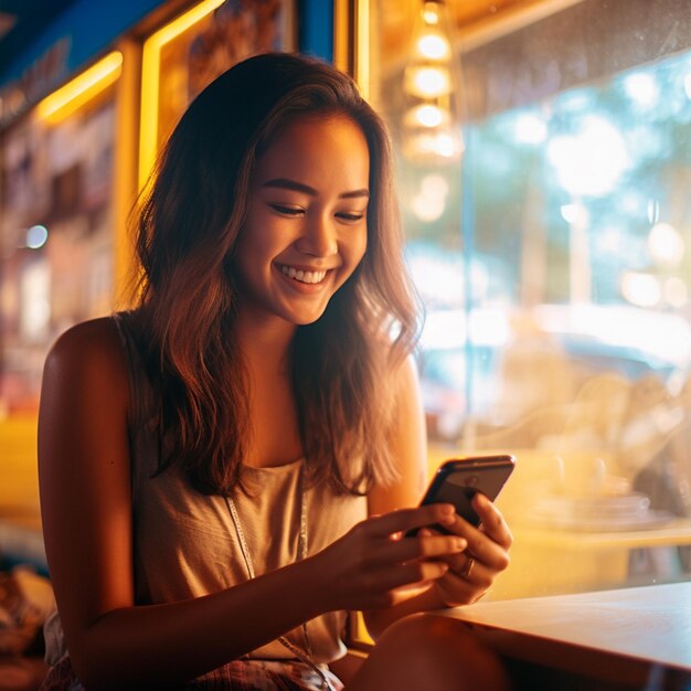 a woman is texting on her phone and smiling