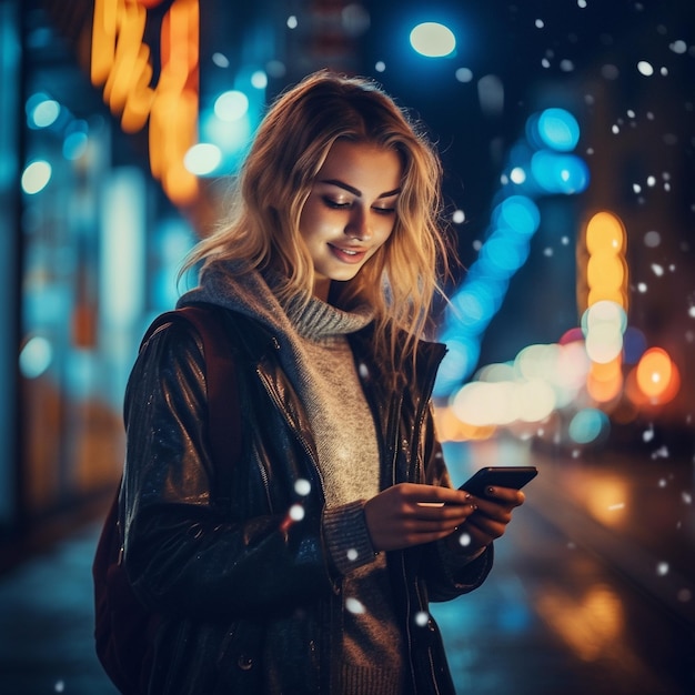 a woman is texting on her phone in the snow