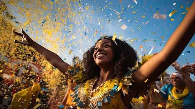 a woman is throwing confetti in a field.