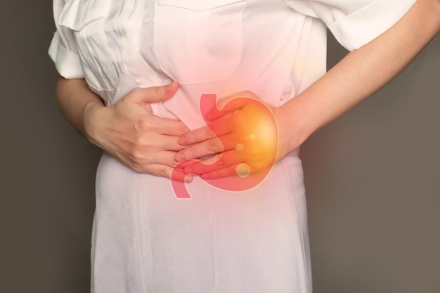 Woman is touch stomachache feeling pain Peptic ulcer dyspepsia