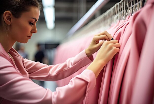 a woman is touching a pink jacket on rack in the style of women designers