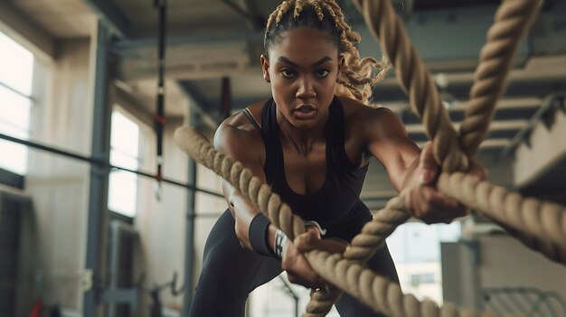 Photo a woman is training on a rope in a gym