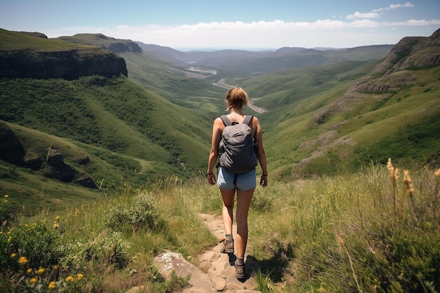 女性がバックパックの後ろ姿で山を旅行している