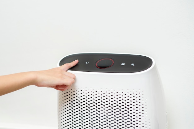 Woman is turning on air purifier in home