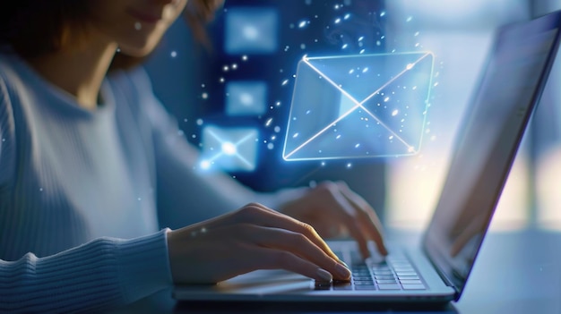 A woman is typing on a laptop with a blue screen that has a bunch of emails on i