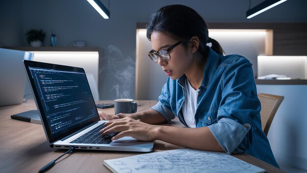 a woman is typing on a laptop with a cup of coffee in the background