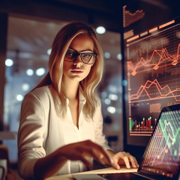 A woman is typing on a laptop with a graph behind her.