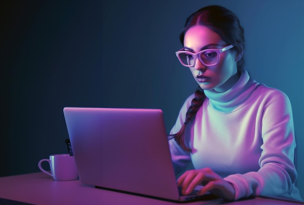 a woman is typing on a laptop with a purple light behind her