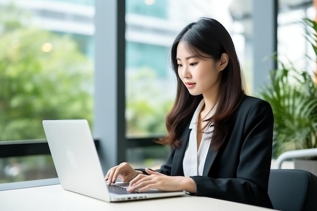 a woman is typing on a laptop with a window behind her