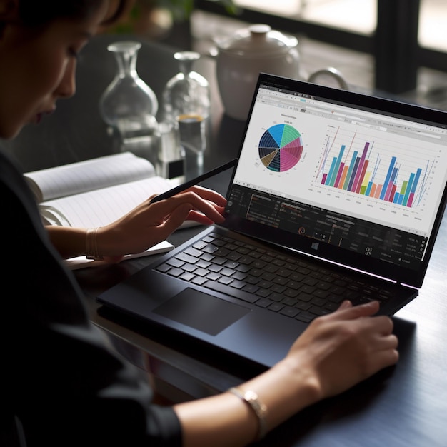 A woman is using a laptop with a pie chart on the screen.