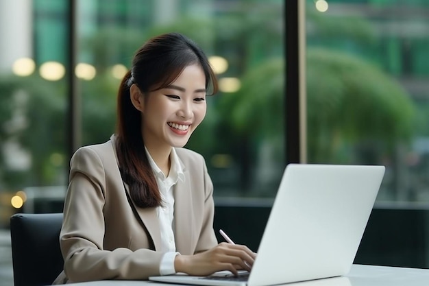 a woman is using a laptop with a smile on her face