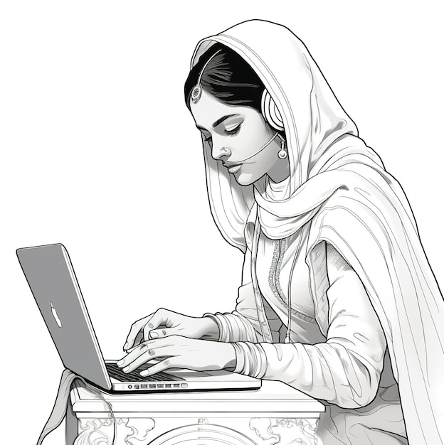 a woman is using a laptop with the word " l " on it.