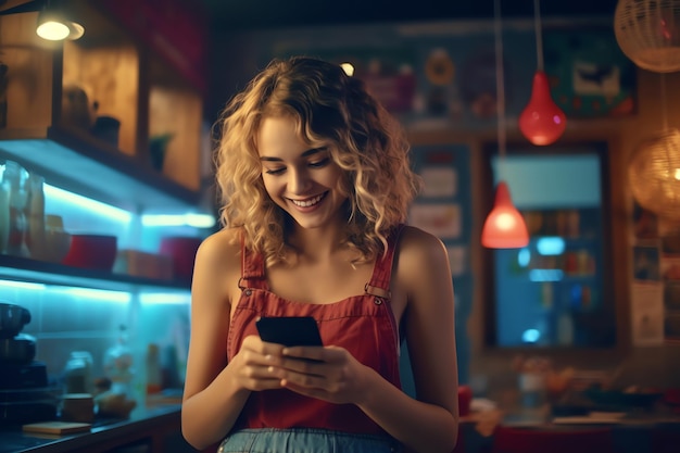 A woman is using a phone in a restaurant