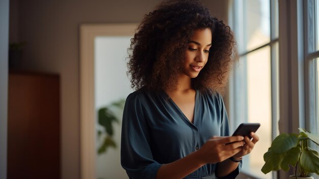 Photo a woman is using a phone and she is looking at her phone.