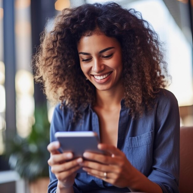 a woman is using a phone and smiling