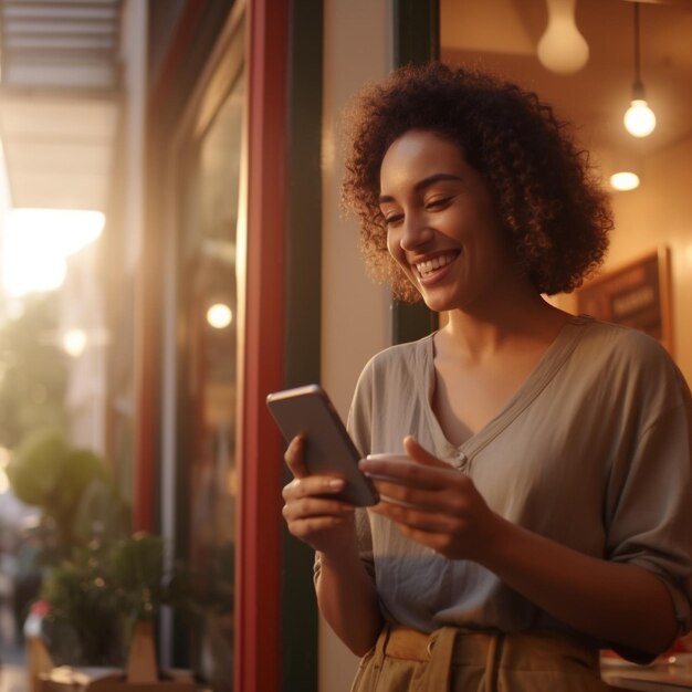 a woman is using a smart phone and smiling