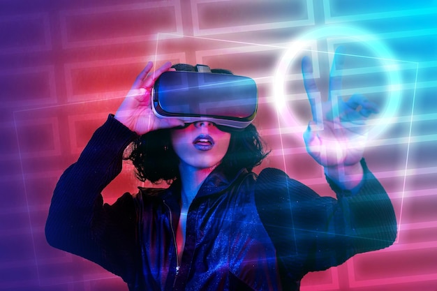Woman is using virtual reality viewer modern woman portrait with trendy look and bright colors