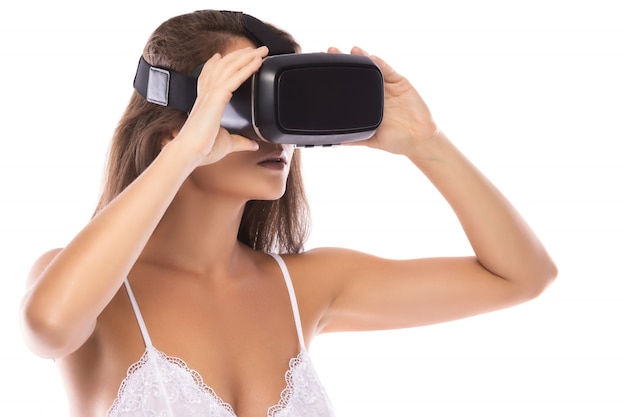 Woman is using VR headset