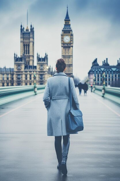 Photo a woman is walking across a bridge with a clock on the top